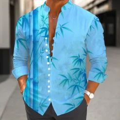 OUKU Men's Leaf Plants Bamboo Shirt Stand Collar Shirt Long Sleeve Casual Vacation Daily Wear Going out Spring Fall Mandarin Collar Band Collar Button-Down Linen Like Shirt Blue Khaki