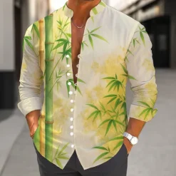 OUKU Men's Leaf Plants Bamboo Shirt Stand Collar Shirt Long Sleeve Casual Vacation Daily Wear Going out Spring Fall Mandarin Collar Band Collar Button-Down Linen Like Shirt Blue Khaki