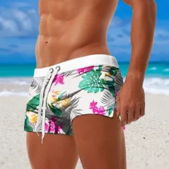 Best OUKU Men's Leaf Plants Flower / Floral Swimming Trunks Board Shorts Swim Shorts Mid Waist Fashion Designer Surfing Holiday Beach Pocket Drawstring Elastic Waist Designer Clothing Apparel