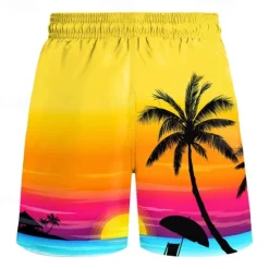 Best OUKU Men's Leaf Tree Coconut Tree Swim Trunks Swim Shorts Board Shorts Mid Waist Hawaiian Boho Casual Daily Holiday Drawstring with Mesh lining Elastic Waist Designer Clothing Apparel Yellow