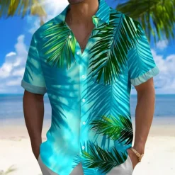 New OUKU Men's Leaf Tropical Plants Summer Hawaiian Shirt Button Up Shirt Aloha Shirt Short Sleeve Hawaiian Resort Vacation Holiday Beach Wear Summer Spring Turndown Collared Shirts Front One Pocket Blue