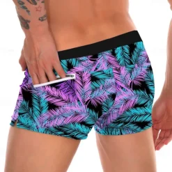 Discount OUKU Men's Leaf Tropical Plants Swim Shorts Board Shorts Swimming Trunks Mid Waist Fashion Designer Surfing Holiday Beach Pocket Drawstring Elastic Waist Designer Clothing Apparel Black