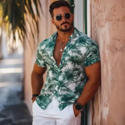 Best OUKU Men's Leaf Tropical Summer Hawaiian Shirt Aloha Shirt Short Sleeve Hawaiian Vacation Summer Spring Turndown Button Up White Blue Orange Green