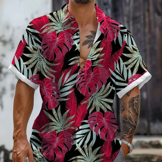 Hot OUKU Men's Leaf Tropical Tropical Plants Shirt Summer Hawaiian Shirt Aloha Shirt Short Sleeve Shirt Turndown Vacation Hawaiian Resort Style Outdoor Vacation Beach Blue Fuchsia Orange S M L