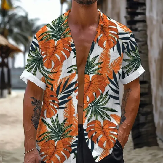 Hot OUKU Men's Leaf Tropical Tropical Plants Shirt Summer Hawaiian Shirt Aloha Shirt Short Sleeve Shirt Turndown Vacation Hawaiian Resort Style Outdoor Vacation Beach Blue Fuchsia Orange S M L