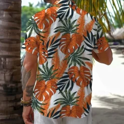 Hot OUKU Men's Leaf Tropical Tropical Plants Shirt Summer Hawaiian Shirt Aloha Shirt Short Sleeve Shirt Turndown Vacation Hawaiian Resort Style Outdoor Vacation Beach Blue Fuchsia Orange S M L