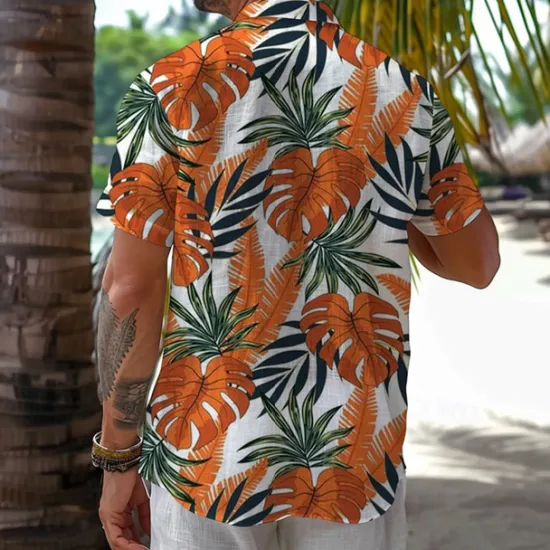 Hot OUKU Men's Leaf Tropical Tropical Plants Shirt Summer Hawaiian Shirt Aloha Shirt Short Sleeve Shirt Turndown Vacation Hawaiian Resort Style Outdoor Vacation Beach Blue Fuchsia Orange S M L