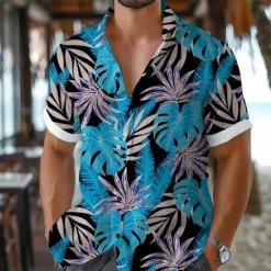 Hot OUKU Men's Leaf Tropical Tropical Plants Shirt Summer Hawaiian Shirt Aloha Shirt Short Sleeve Shirt Turndown Vacation Hawaiian Resort Style Outdoor Vacation Beach Blue Fuchsia Orange S M L