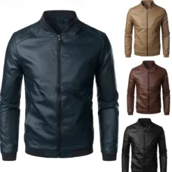 Sale OUKU Men's Leather Jacket Casual Jacket Biker Jacket Daily Vacation Windproof Warm Pocket Fall & Winter Plain Fashion Classic Stand Collar Regular Faux Leather Black Brown Jacket