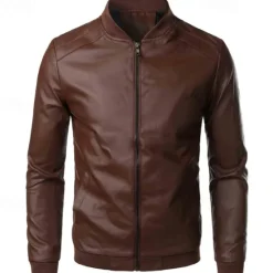 Sale OUKU Men's Leather Jacket Casual Jacket Biker Jacket Daily Vacation Windproof Warm Pocket Fall & Winter Plain Fashion Classic Stand Collar Regular Faux Leather Black Brown Jacket