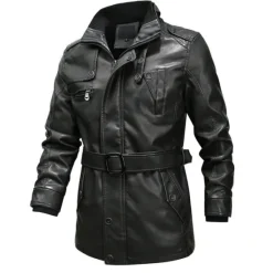 Online OUKU Men's Leather Jacket Motorcycle Jacket Outdoor Daily Wear Windproof Warm Pocket With Belt Fall Winter Plain Fashion Streetwear Stand Collar Regular Jacket Yellow