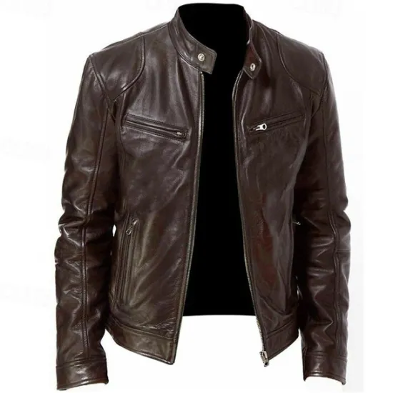 New OUKU Men's Leather Jacket Transition Jacket Outdoor Windbreaker Pocket All Seasons Plain Streetwear Stand Collar Regular Faux Leather Black Brown Jacket