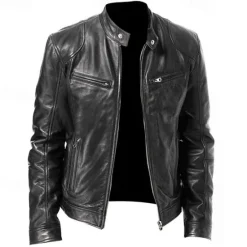New OUKU Men's Leather Jacket Transition Jacket Outdoor Windbreaker Pocket All Seasons Plain Streetwear Stand Collar Regular Faux Leather Black Brown Jacket