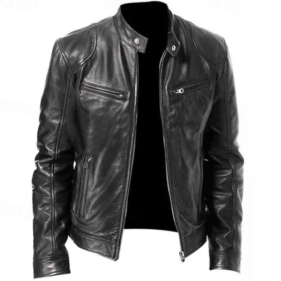 New OUKU Men's Leather Jacket Transition Jacket Outdoor Windbreaker Pocket All Seasons Plain Streetwear Stand Collar Regular Faux Leather Black Brown Jacket
