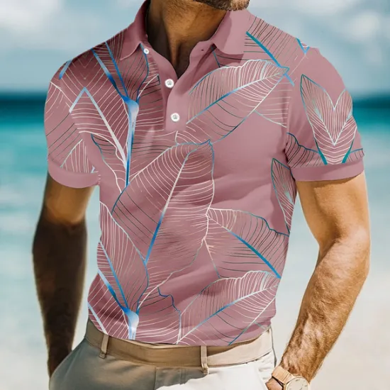 Online OUKU Men's Leaves Polo Short Sleeve Polo Shirts Collared Shirts Casual Resort School Outdoor Daily Wear Vacation Wear 3D Print Summer Spring Fall Lake blue Pink Blue