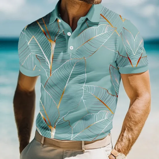 Online OUKU Men's Leaves Polo Short Sleeve Polo Shirts Collared Shirts Casual Resort School Outdoor Daily Wear Vacation Wear 3D Print Summer Spring Fall Lake blue Pink Blue
