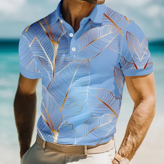 Online OUKU Men's Leaves Polo Short Sleeve Polo Shirts Collared Shirts Casual Resort School Outdoor Daily Wear Vacation Wear 3D Print Summer Spring Fall Lake blue Pink Blue