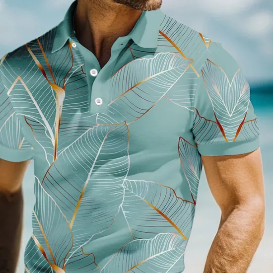 Online OUKU Men's Leaves Polo Short Sleeve Polo Shirts Collared Shirts Casual Resort School Outdoor Daily Wear Vacation Wear 3D Print Summer Spring Fall Lake blue Pink Blue