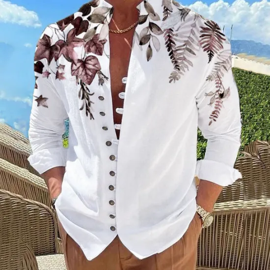 Outlet OUKU Men's Leaves Shirt Button Up Shirt Long Sleeve Fashion Designer Casual Outdoor Vacation Daily Fall Autumn / Fall Spring & Summer Stand Collar Print Lake blue White Pink Red Blue