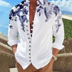 Outlet OUKU Men's Leaves Shirt Button Up Shirt Long Sleeve Fashion Designer Casual Outdoor Vacation Daily Fall Autumn / Fall Spring & Summer Stand Collar Print Lake blue White Pink Red Blue