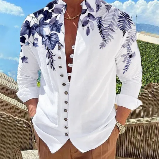 Outlet OUKU Men's Leaves Shirt Button Up Shirt Long Sleeve Fashion Designer Casual Outdoor Vacation Daily Fall Autumn / Fall Spring & Summer Stand Collar Print Lake blue White Pink Red Blue