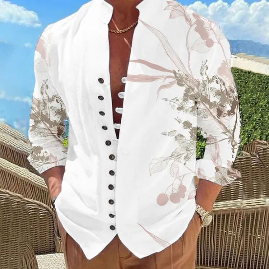 Outlet OUKU Men's Leaves Shirt Button Up Shirt Long Sleeve Fashion Designer Casual Outdoor Vacation Daily Fall Autumn / Fall Spring & Summer Stand Collar Print Lake blue White Pink Red Blue