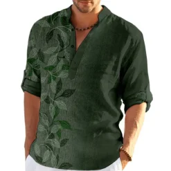 New OUKU Men's Leaves Shirt Button Up Shirt Long Sleeve Fashion Streetwear Designer Casual Going out Summer Spring Fall Stand Collar Print Blue Purple Green Khaki Gray