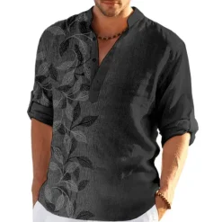 New OUKU Men's Leaves Shirt Button Up Shirt Long Sleeve Fashion Streetwear Designer Casual Going out Summer Spring Fall Stand Collar Print Blue Purple Green Khaki Gray