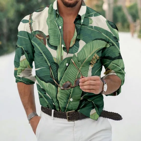 Best OUKU Men's Leaves Tropical Plants Shirt Summer Hawaiian Shirt Aloha Shirt Long Sleeve Shirt Turndown Fashion Designer Casual Vacation Daily Holiday Light Green Pink Dark Green 3D Print S M L