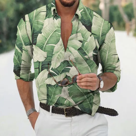 Best OUKU Men's Leaves Tropical Plants Shirt Summer Hawaiian Shirt Aloha Shirt Long Sleeve Shirt Turndown Fashion Designer Casual Vacation Daily Holiday Light Green Pink Dark Green 3D Print S M L