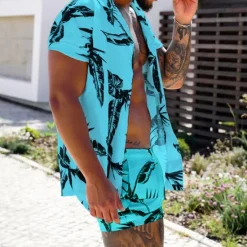 Sale OUKU Men's Leaves Tropical Plants 2pcs Shirts Sets Summer Hawaiian Shirt Short Sleeve Short Pants Turndown Tropical Fashion Hawaiian Street Casual Hawaiian Print Summer Spring White Yellow Pink