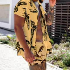 Sale OUKU Men's Leaves Tropical Plants 2pcs Shirts Sets Summer Hawaiian Shirt Short Sleeve Short Pants Turndown Tropical Fashion Hawaiian Street Casual Hawaiian Print Summer Spring White Yellow Pink