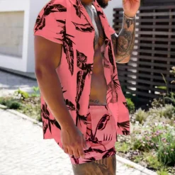 Sale OUKU Men's Leaves Tropical Plants 2pcs Shirts Sets Summer Hawaiian Shirt Short Sleeve Short Pants Turndown Tropical Fashion Hawaiian Street Casual Hawaiian Print Summer Spring White Yellow Pink