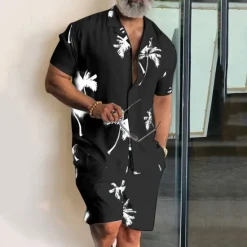 New OUKU Men's Leaves Tropical Plants 2pcs Shirts Sets Summer Hawaiian Shirt Short Sleeve Short Pants Cuban Collar Tropical Fashion Hawaiian Street Casual Hawaiian Print Summer Spring Black White Blue
