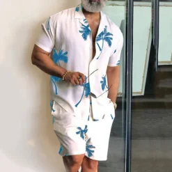 New OUKU Men's Leaves Tropical Plants 2pcs Shirts Sets Summer Hawaiian Shirt Short Sleeve Short Pants Cuban Collar Tropical Fashion Hawaiian Street Casual Hawaiian Print Summer Spring Black White Blue
