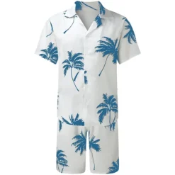 New OUKU Men's Leaves Tropical Plants 2pcs Shirts Sets Summer Hawaiian Shirt Short Sleeve Short Pants Cuban Collar Tropical Fashion Hawaiian Street Casual Hawaiian Print Summer Spring Black White Blue