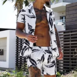 New OUKU Men's Leaves Tropical Plants 2pcs Shirts Sets Summer Hawaiian Shirt Short Sleeve Short Pants Turndown Fashion Hawaiian Designer Vacation Casual Daily Button-Down Spring & Summer White Yellow Pink