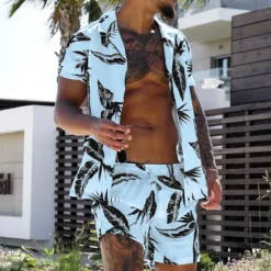 New OUKU Men's Leaves Tropical Plants 2pcs Shirts Sets Summer Hawaiian Shirt Short Sleeve Short Pants Turndown Fashion Hawaiian Designer Vacation Casual Daily Button-Down Spring & Summer White Yellow Pink