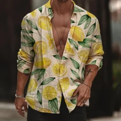 Clearance OUKU Men's Lemon Shirt Summer Hawaiian Shirt Aloha Shirt Long Sleeve Shirt Turndown Sports Fashion Streetwear Outdoor Street Casual S M L Yellow
