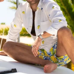 Discount OUKU Men's Lemon Shirt Summer Hawaiian Shirt Aloha Shirt Long Sleeve Shirt Turndown Tropical Fashion Streetwear Street Casual Hawaiian S M L White