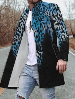 Best OUKU Men's Leopard Graphic Prints Winter Coat Overcoat Coat Warm Breathable Comfortable Fashion Streetwear Business Work Wear to work Going out Pocket Print Fall & Winter Turndown Long Sleeve Yellow Blue