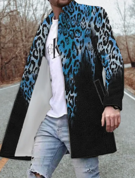 Best OUKU Men's Leopard Graphic Prints Winter Coat Overcoat Coat Warm Breathable Comfortable Fashion Streetwear Business Work Wear to work Going out Pocket Print Fall & Winter Turndown Long Sleeve Yellow Blue
