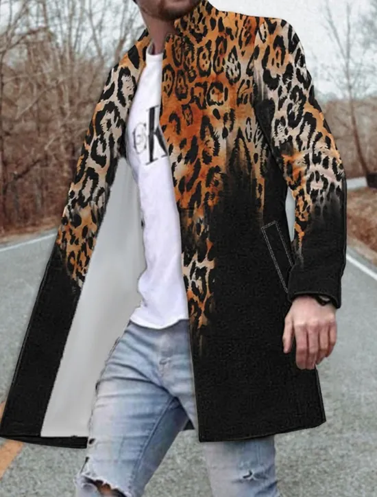 Best OUKU Men's Leopard Graphic Prints Winter Coat Overcoat Coat Warm Breathable Comfortable Fashion Streetwear Business Work Wear to work Going out Pocket Print Fall & Winter Turndown Long Sleeve Yellow Blue