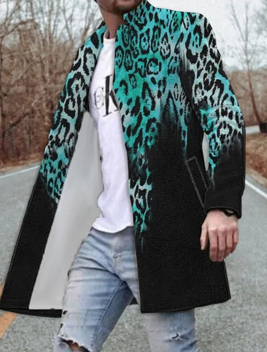 Best OUKU Men's Leopard Graphic Prints Winter Coat Overcoat Coat Warm Breathable Comfortable Fashion Streetwear Business Work Wear to work Going out Pocket Print Fall & Winter Turndown Long Sleeve Yellow Blue