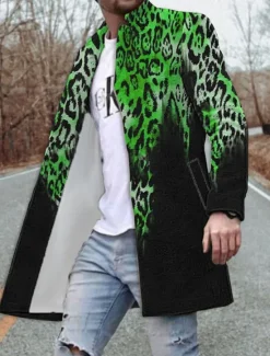 Best OUKU Men's Leopard Graphic Prints Winter Coat Overcoat Coat Warm Breathable Comfortable Fashion Streetwear Business Work Wear to work Going out Pocket Print Fall & Winter Turndown Long Sleeve Yellow Blue