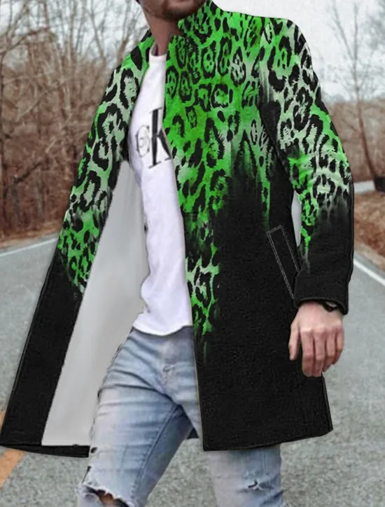 Best OUKU Men's Leopard Graphic Prints Winter Coat Overcoat Coat Warm Breathable Comfortable Fashion Streetwear Business Work Wear to work Going out Pocket Print Fall & Winter Turndown Long Sleeve Yellow Blue