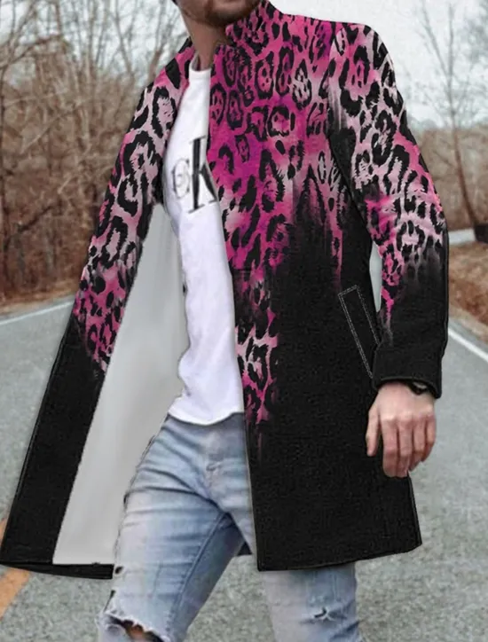 Best OUKU Men's Leopard Graphic Prints Winter Coat Overcoat Coat Warm Breathable Comfortable Fashion Streetwear Business Work Wear to work Going out Pocket Print Fall & Winter Turndown Long Sleeve Yellow Blue