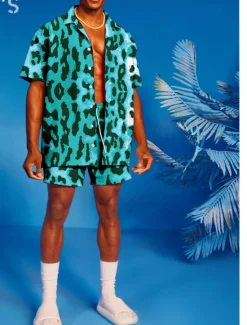 Discount OUKU Men's Leopard 2pcs Shirts Sets Summer Hawaiian Shirt Short Sleeve Short Pants Turndown Tropical Hawaiian Casual Sports & Outdoor Beach Buttons Elastic Waist Print Spring & Summer Yellow Blue Purple
