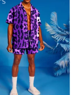 Discount OUKU Men's Leopard 2pcs Shirts Sets Summer Hawaiian Shirt Short Sleeve Short Pants Turndown Tropical Hawaiian Casual Sports & Outdoor Beach Buttons Elastic Waist Print Spring & Summer Yellow Blue Purple