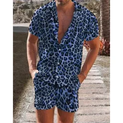 Clearance OUKU Men's Leopard 2pcs Shirts Sets Summer Hawaiian Shirt Short Sleeve Short Pants Turndown Tropical Fashion Hawaiian Casual Holiday Beach Print Summer Spring Blue Purple Brown